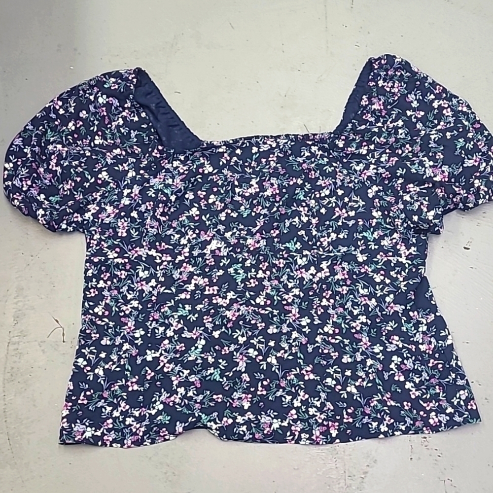 Penningtons Size 1X Blue Floral Square Neck Off The Shoulder Top